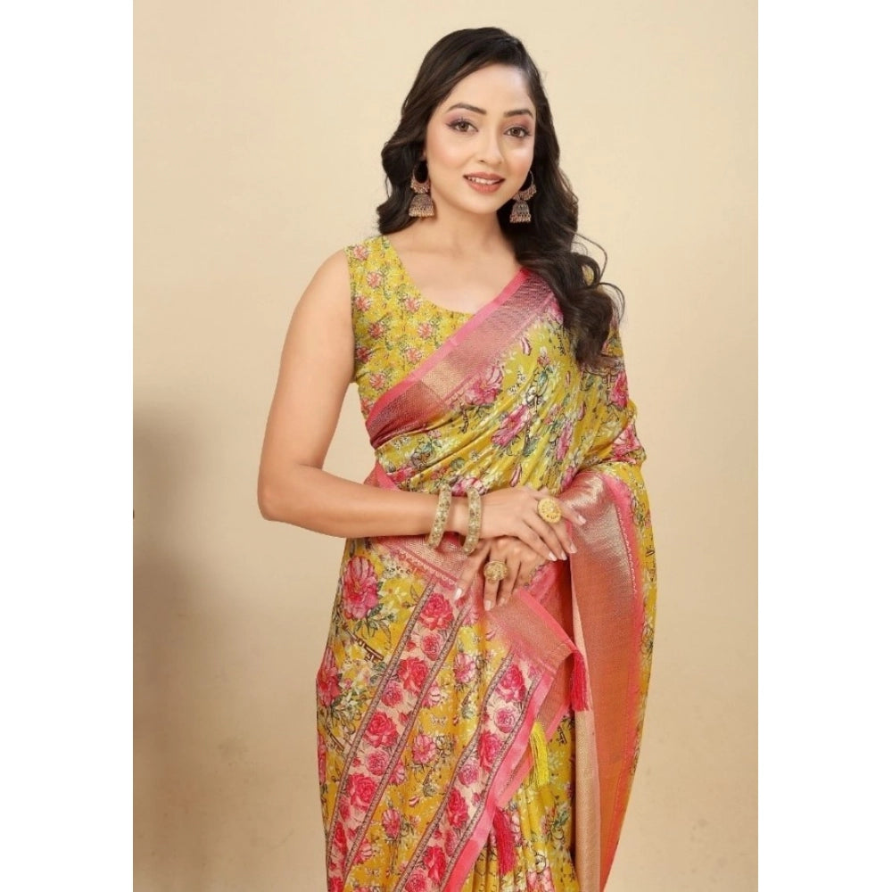 Floral Printed Saree With Unstitched Blouse 5.5Mtr (Yellow)
