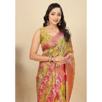 Floral Printed Saree With Unstitched Blouse 5.5Mtr (Yellow)