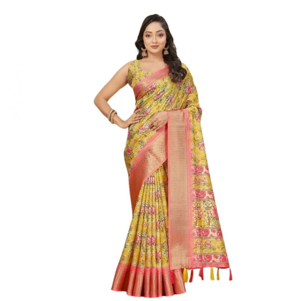 Floral Printed Saree With Unstitched Blouse 5.5Mtr (Yellow)