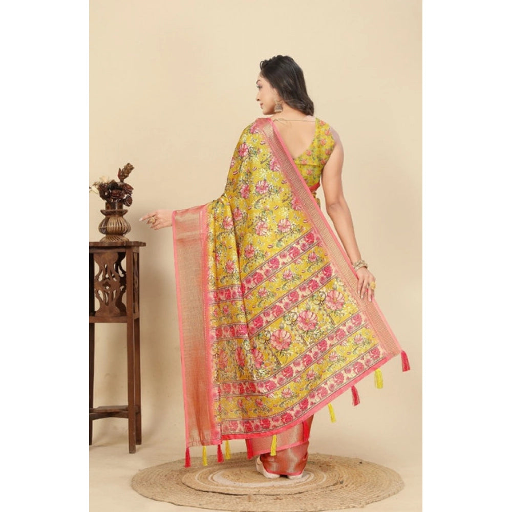 Floral Printed Saree With Unstitched Blouse 5.5Mtr (Yellow)