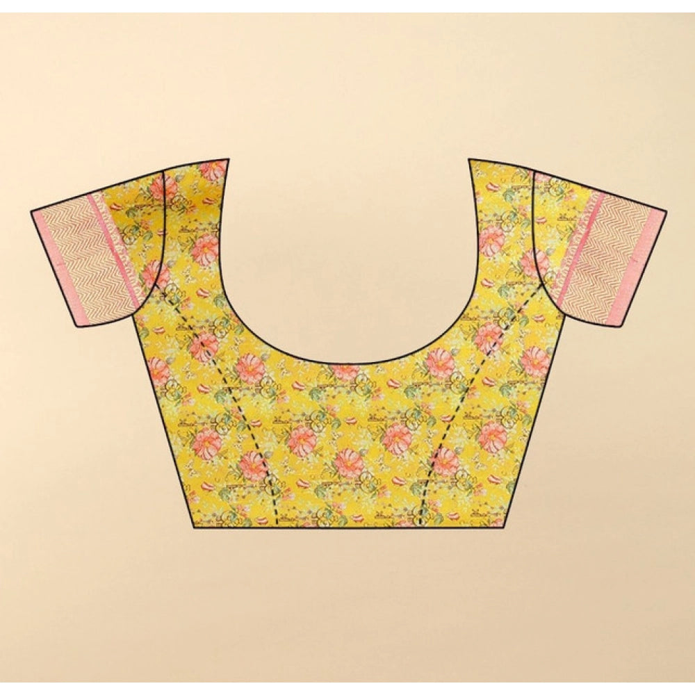 Floral Printed Saree With Unstitched Blouse 5.5Mtr (Yellow)
