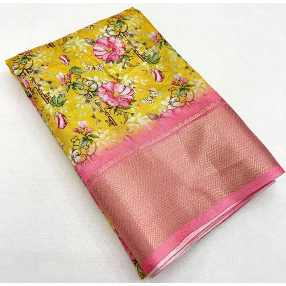 Floral Printed Saree With Unstitched Blouse 5.5Mtr (Yellow)
