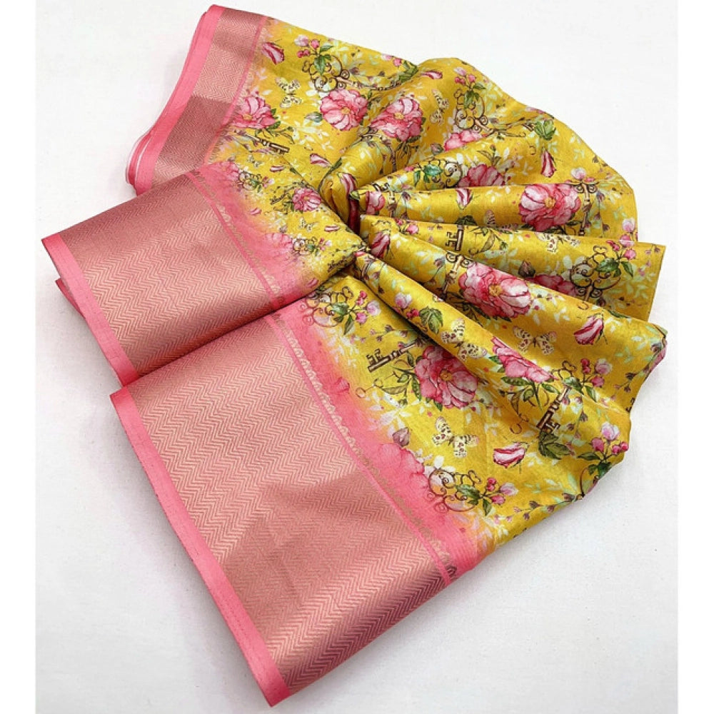 Floral Printed Saree With Unstitched Blouse 5.5Mtr (Yellow)