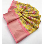Floral Printed Saree With Unstitched Blouse 5.5Mtr (Yellow)