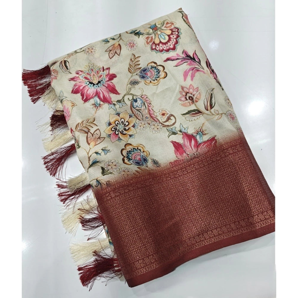 Floral Printed Saree With Unstitched Blouse 5.5Mtr (Gold-Brown)
