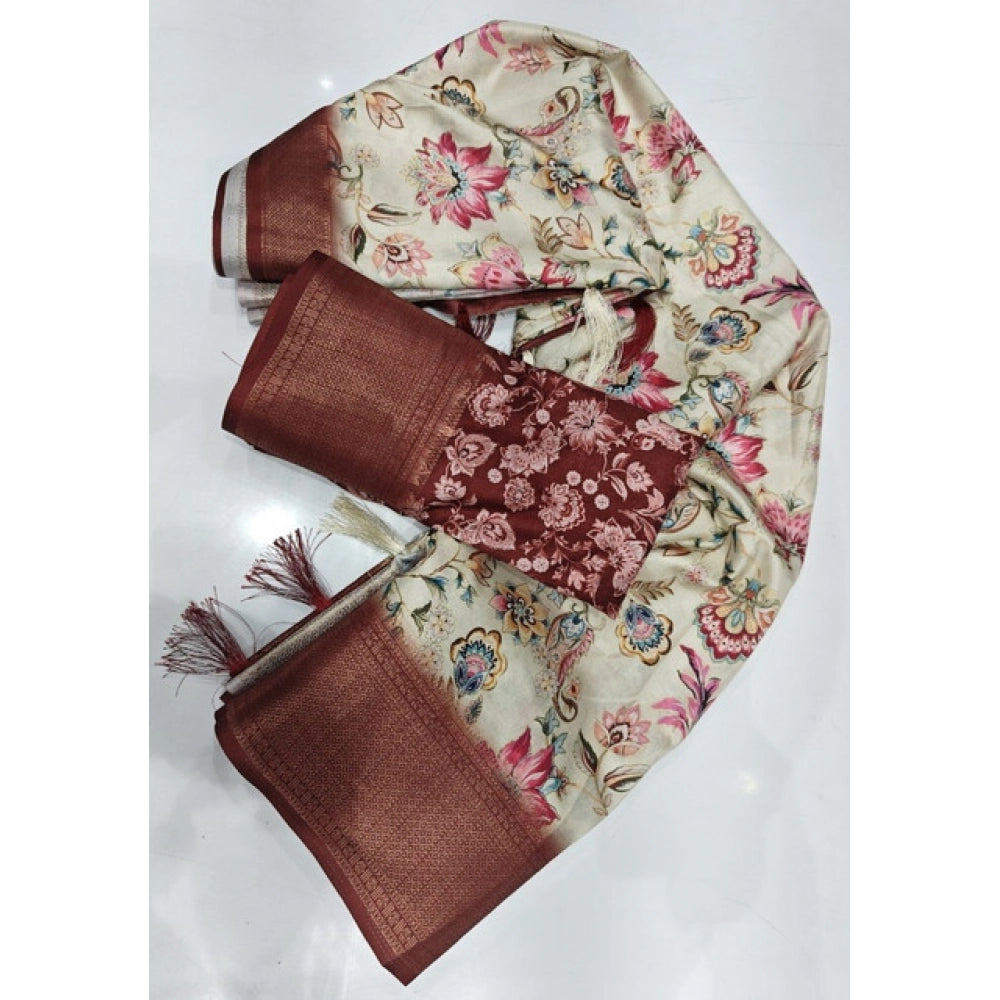 Floral Printed Saree With Unstitched Blouse 5.5Mtr (Gold-Brown)