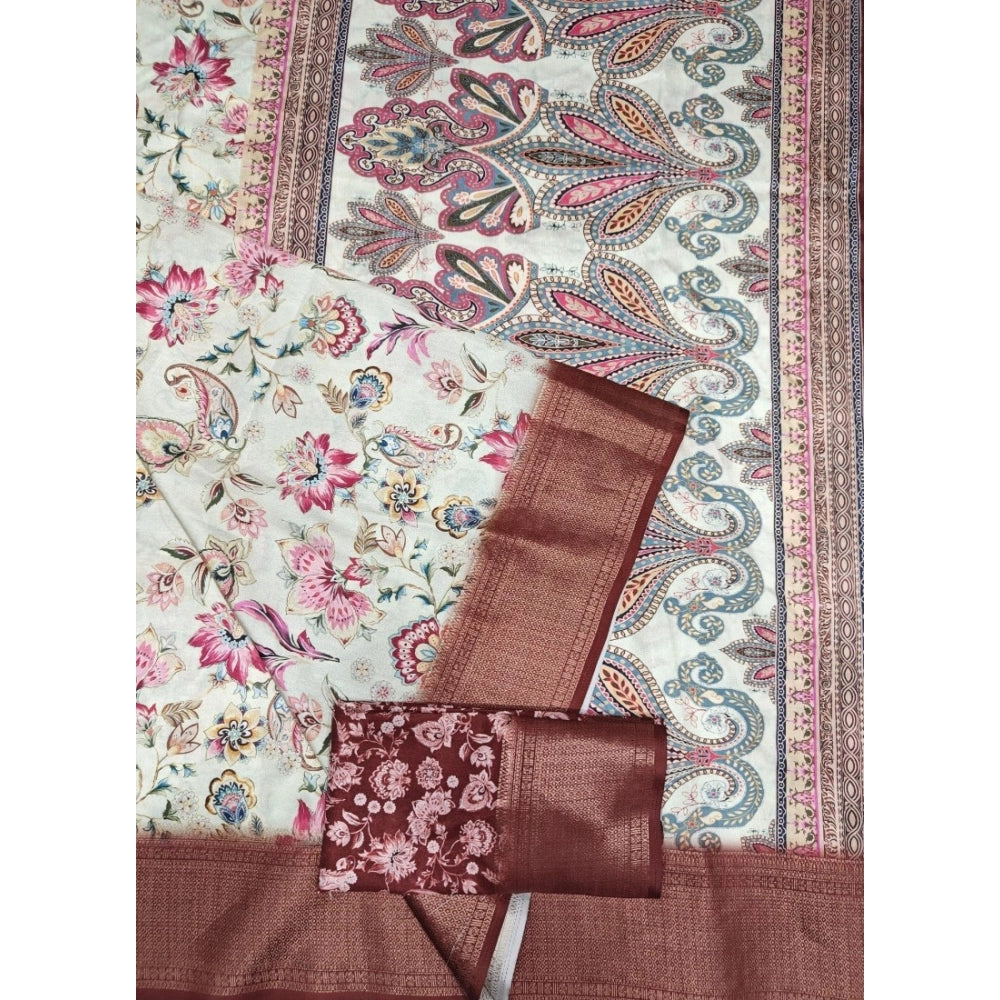 Floral Printed Saree With Unstitched Blouse 5.5Mtr (Gold-Brown)