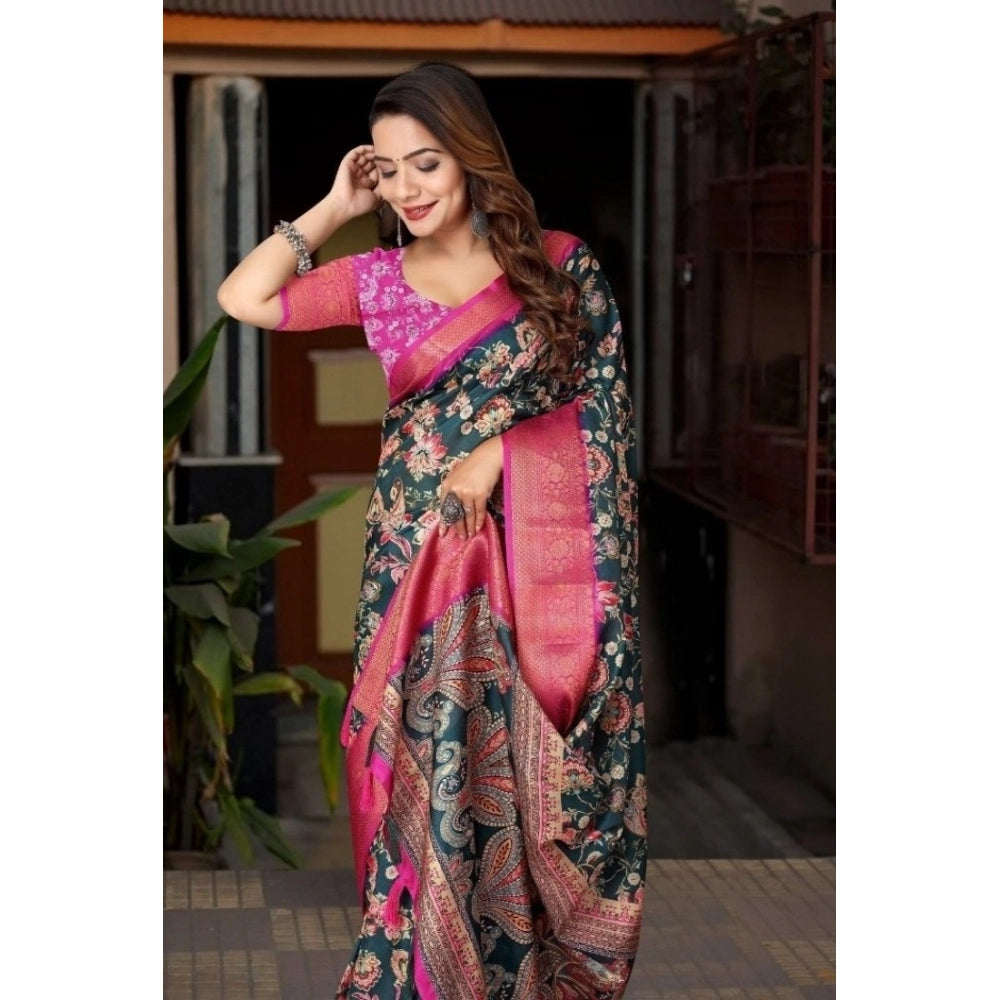 Floral Printed Saree With Unstitched Blouse 5.5Mtr (Green-Pink)