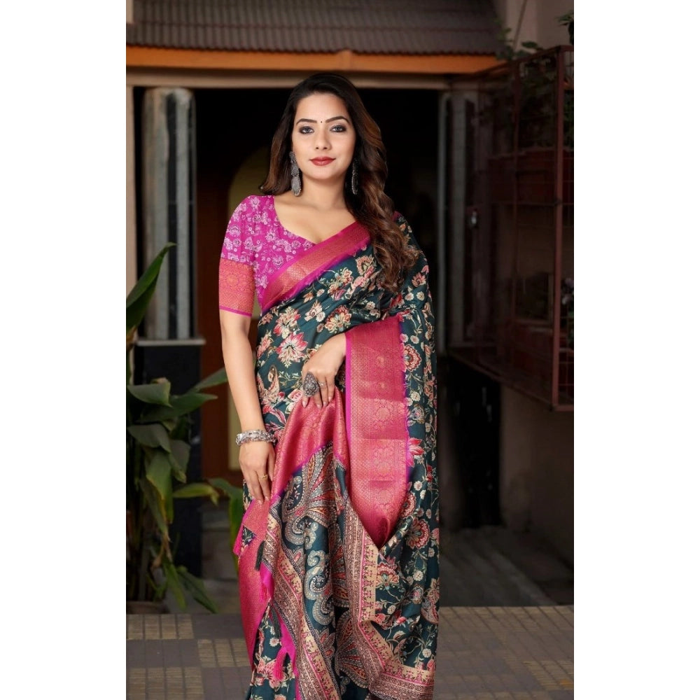 Floral Printed Saree With Unstitched Blouse 5.5Mtr (Green-Pink)