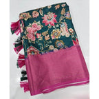Floral Printed Saree With Unstitched Blouse 5.5Mtr (Green-Pink)