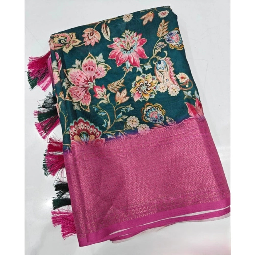 Floral Printed Saree With Unstitched Blouse 5.5Mtr (Green-Pink)