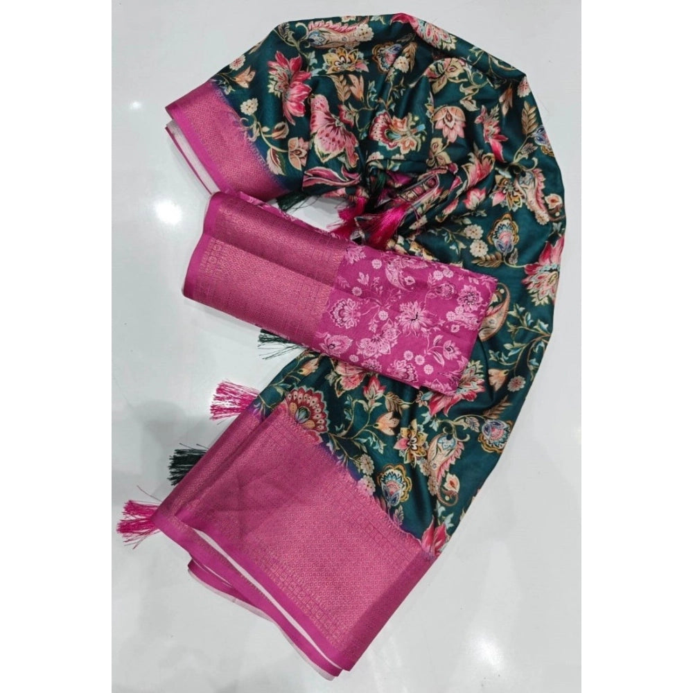 Floral Printed Saree With Unstitched Blouse 5.5Mtr (Green-Pink)