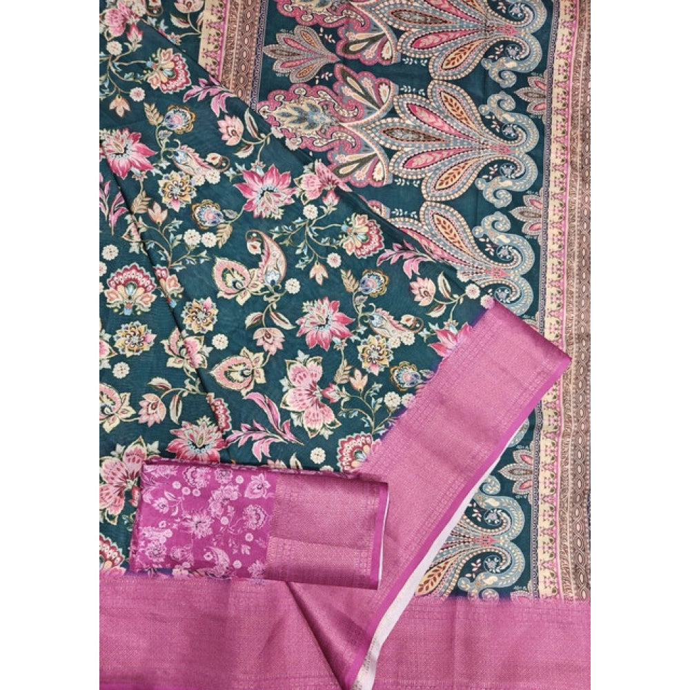 Floral Printed Saree With Unstitched Blouse 5.5Mtr (Green-Pink)