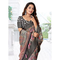 Floral Printed Saree With Unstitched Blouse 5.5Mtr (Grey-Black)