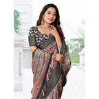 Floral Printed Saree With Unstitched Blouse 5.5Mtr (Grey-Black)