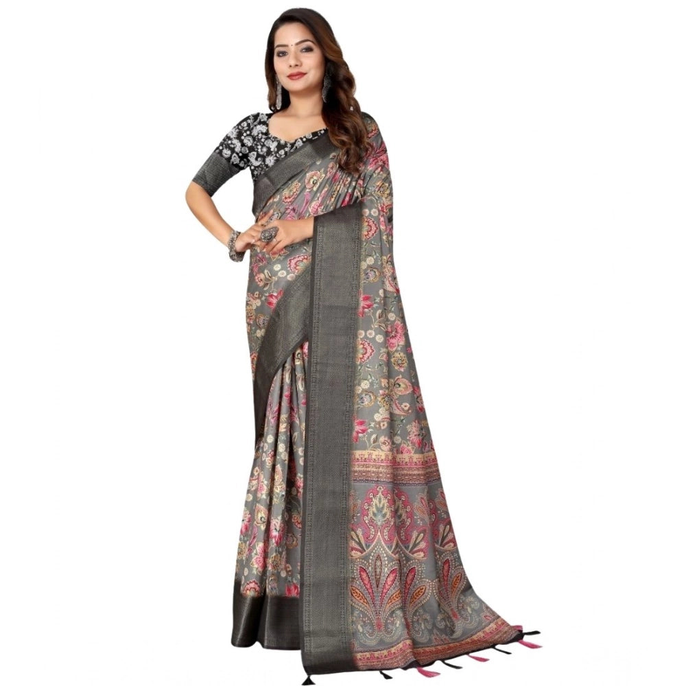 Floral Printed Saree With Unstitched Blouse 5.5Mtr (Grey-Black)