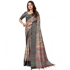 Floral Printed Saree With Unstitched Blouse 5.5Mtr (Grey-Black)