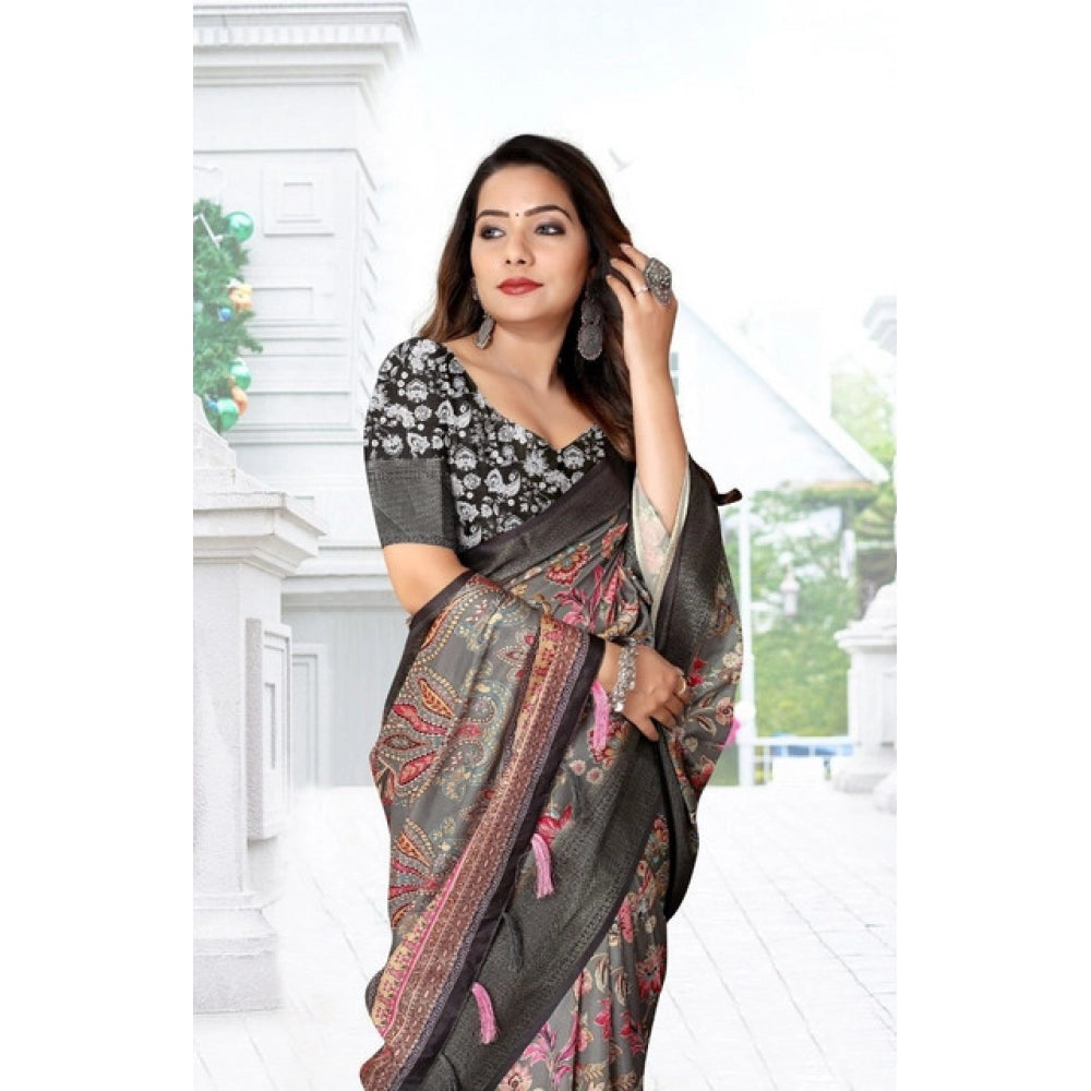 Floral Printed Saree With Unstitched Blouse 5.5Mtr (Grey-Black)
