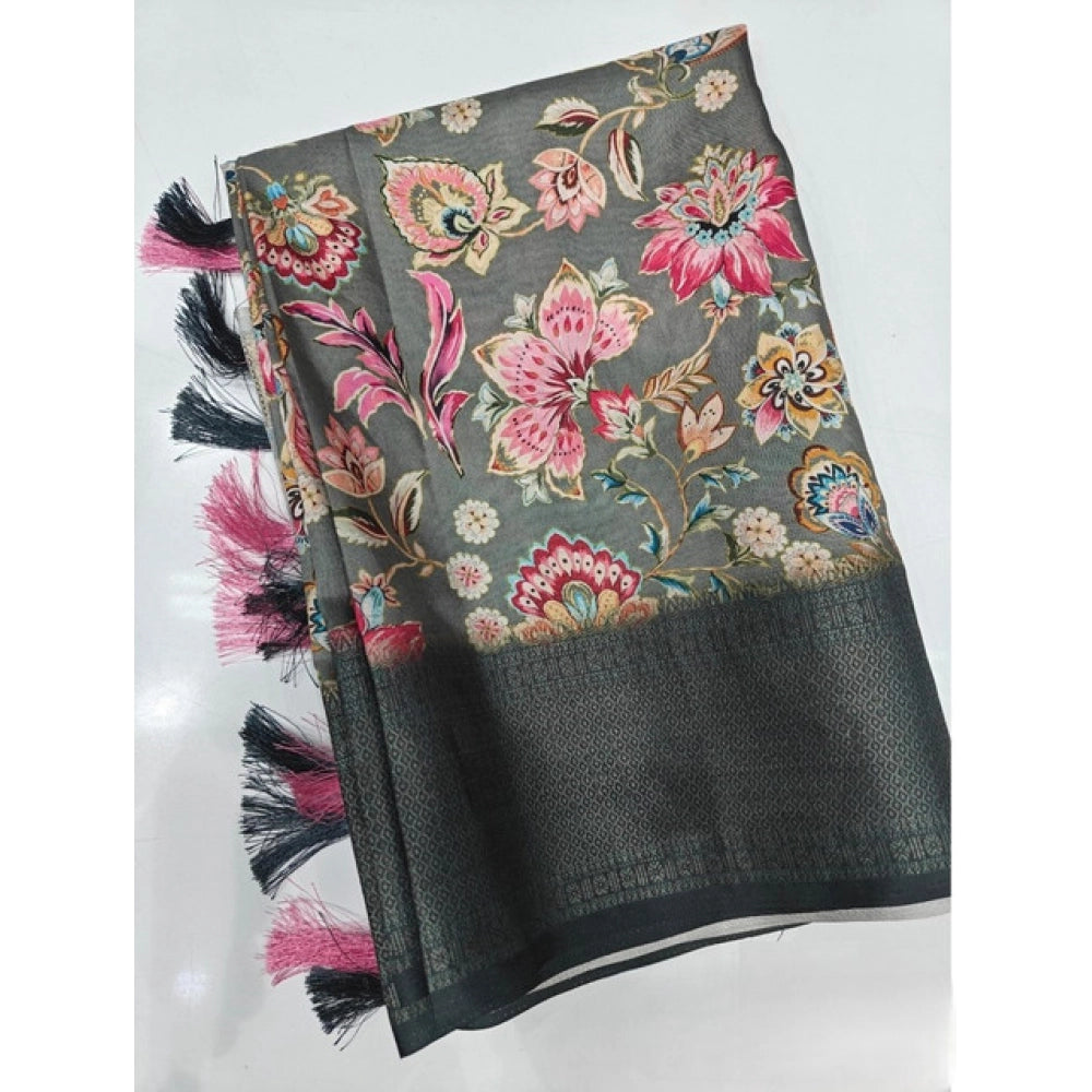 Floral Printed Saree With Unstitched Blouse 5.5Mtr (Grey-Black)