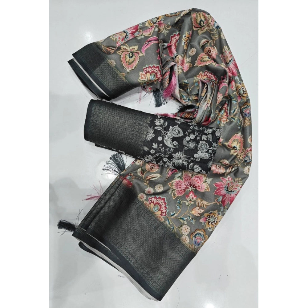 Floral Printed Saree With Unstitched Blouse 5.5Mtr (Grey-Black)