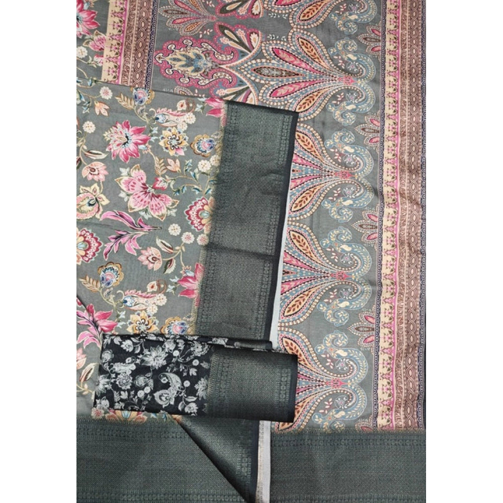 Floral Printed Saree With Unstitched Blouse 5.5Mtr (Grey-Black)