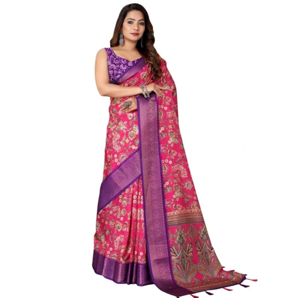 Floral Printed Saree With Unstitched Blouse 5.5Mtr (Pink-Purple)