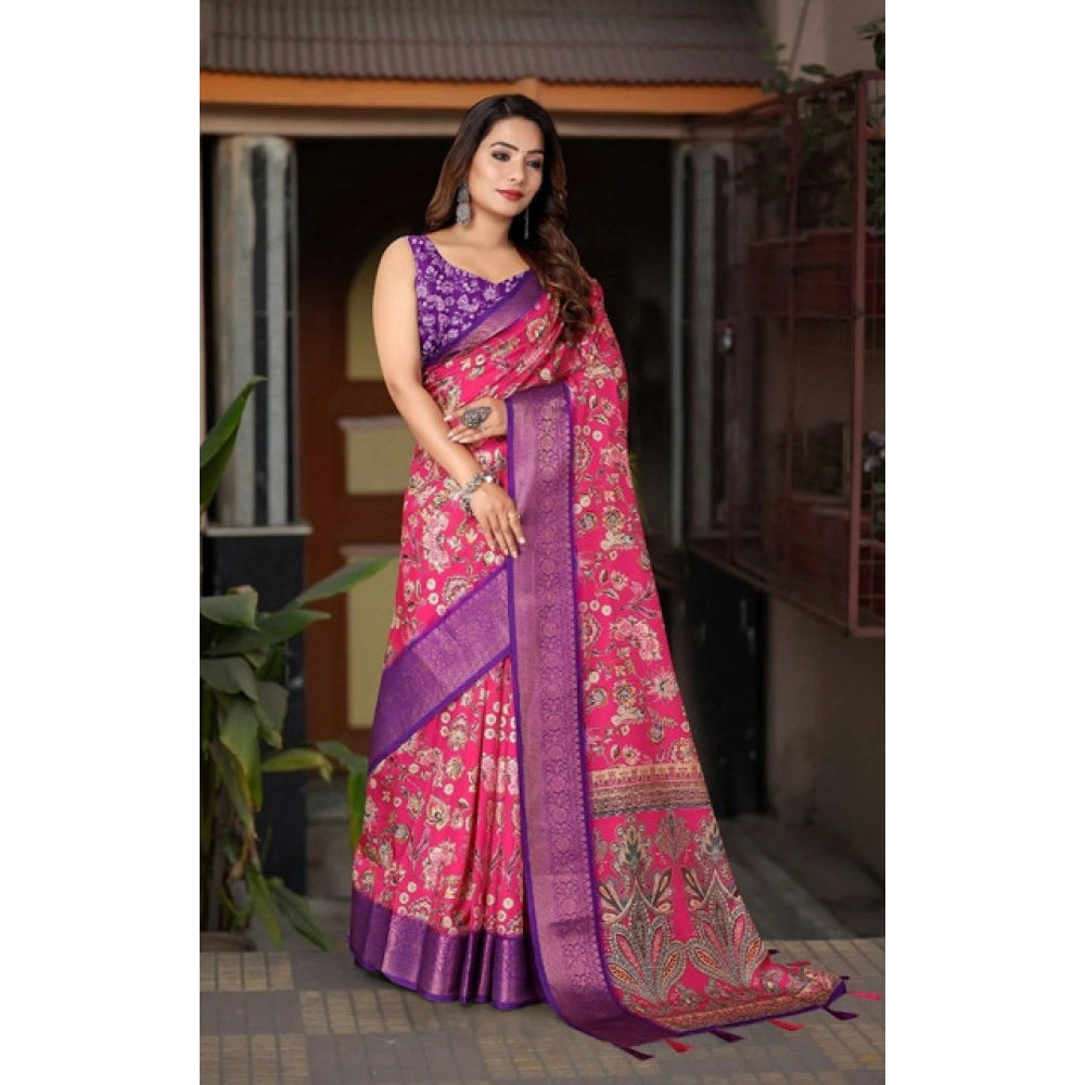 Floral Printed Saree With Unstitched Blouse 5.5Mtr (Pink-Purple)