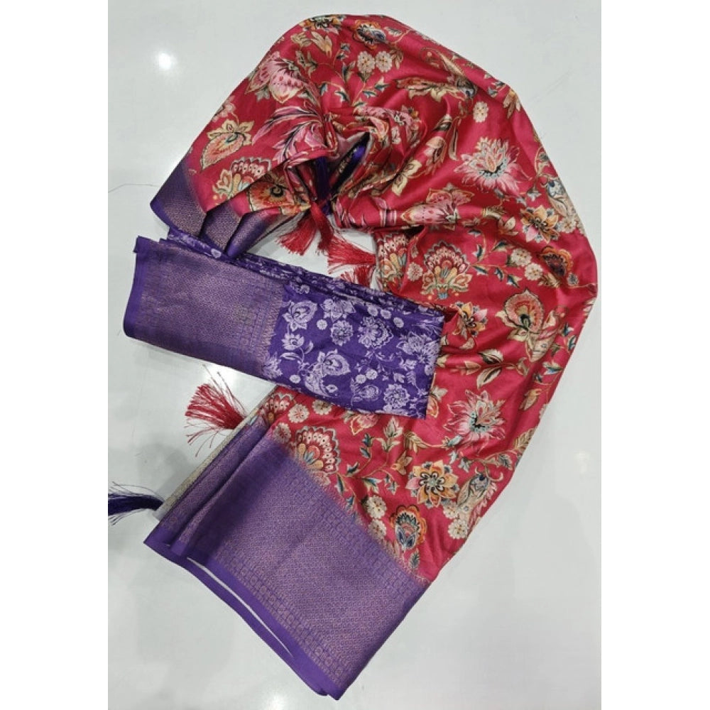 Floral Printed Saree With Unstitched Blouse 5.5Mtr (Pink-Purple)
