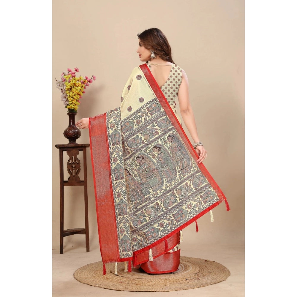 Printed Saree With Unstitched Blouse 5.5Mtr (Cream)