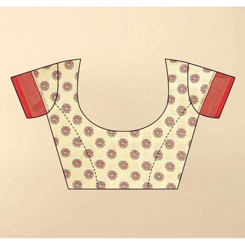 Printed Saree With Unstitched Blouse 5.5Mtr (Cream)