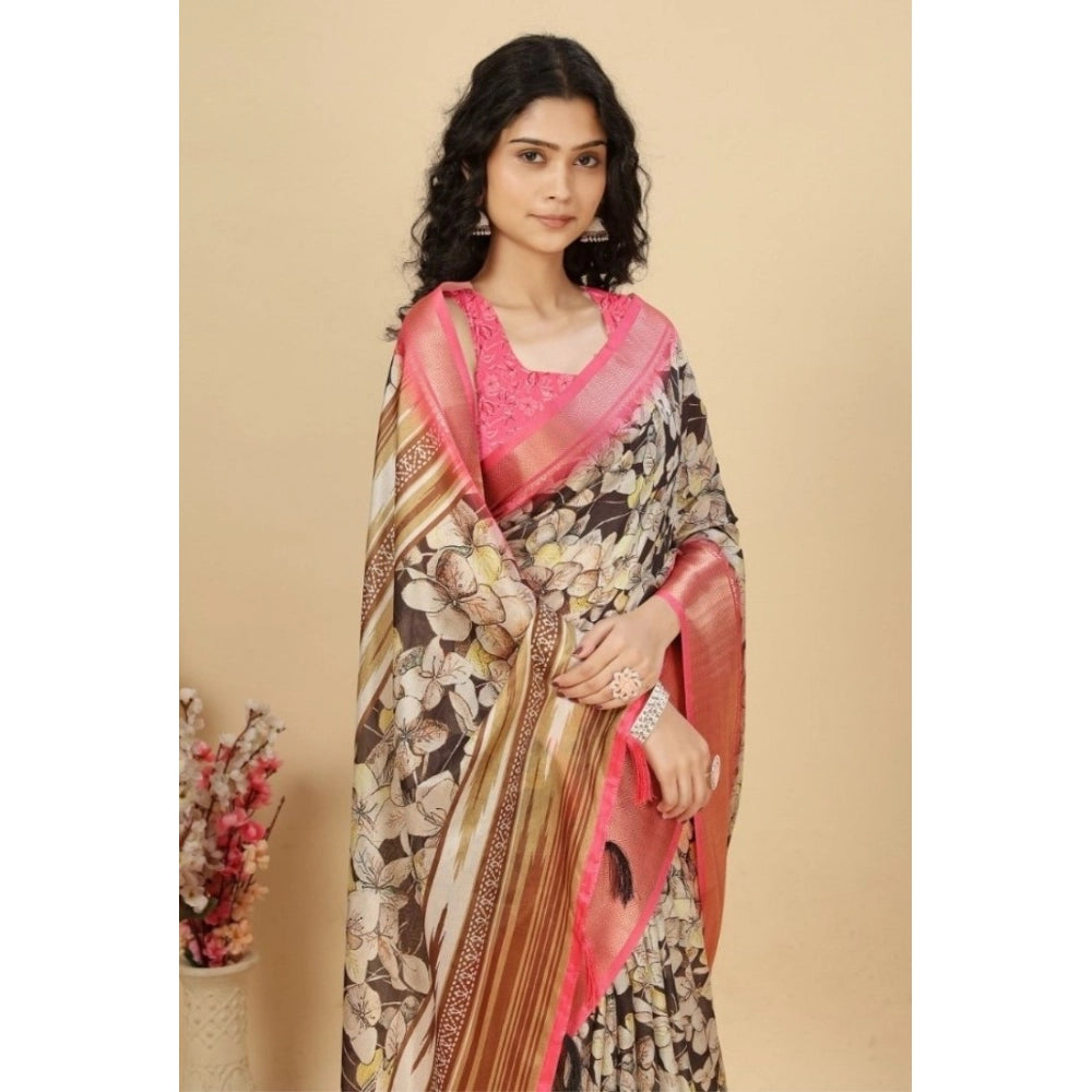 Floral Printed Saree With Unstitched Blouse 5.5Mtr (Black)