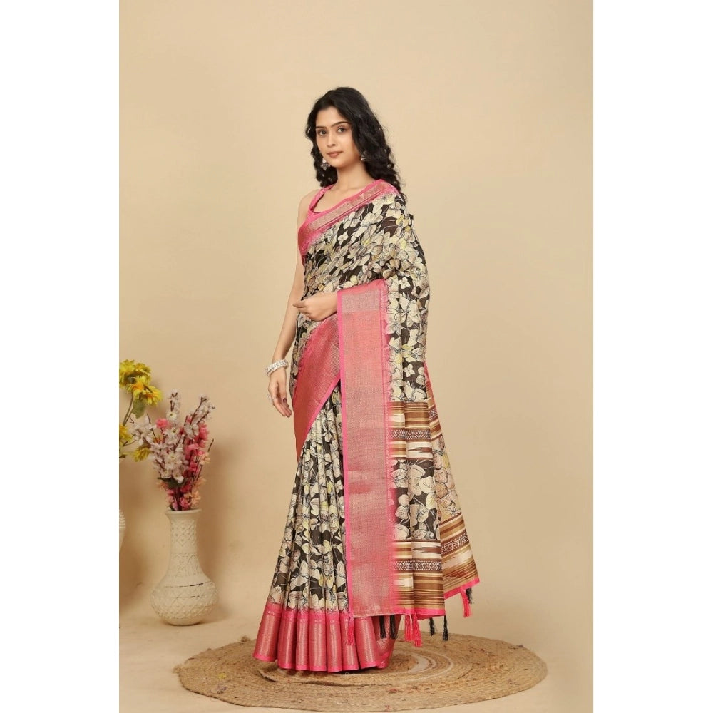 Floral Printed Saree With Unstitched Blouse 5.5Mtr (Black)