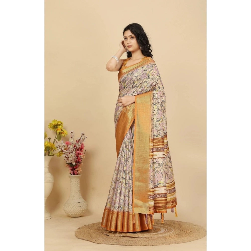 Floral Printed Saree With Unstitched Blouse 5.5Mtr (Lavender)