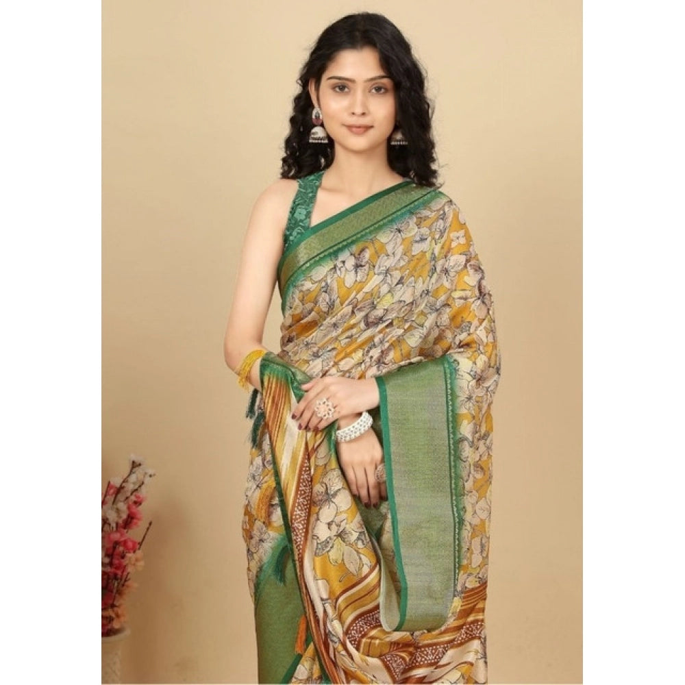 Floral Printed Saree With Unstitched Blouse 5.5Mtr (Mustard)