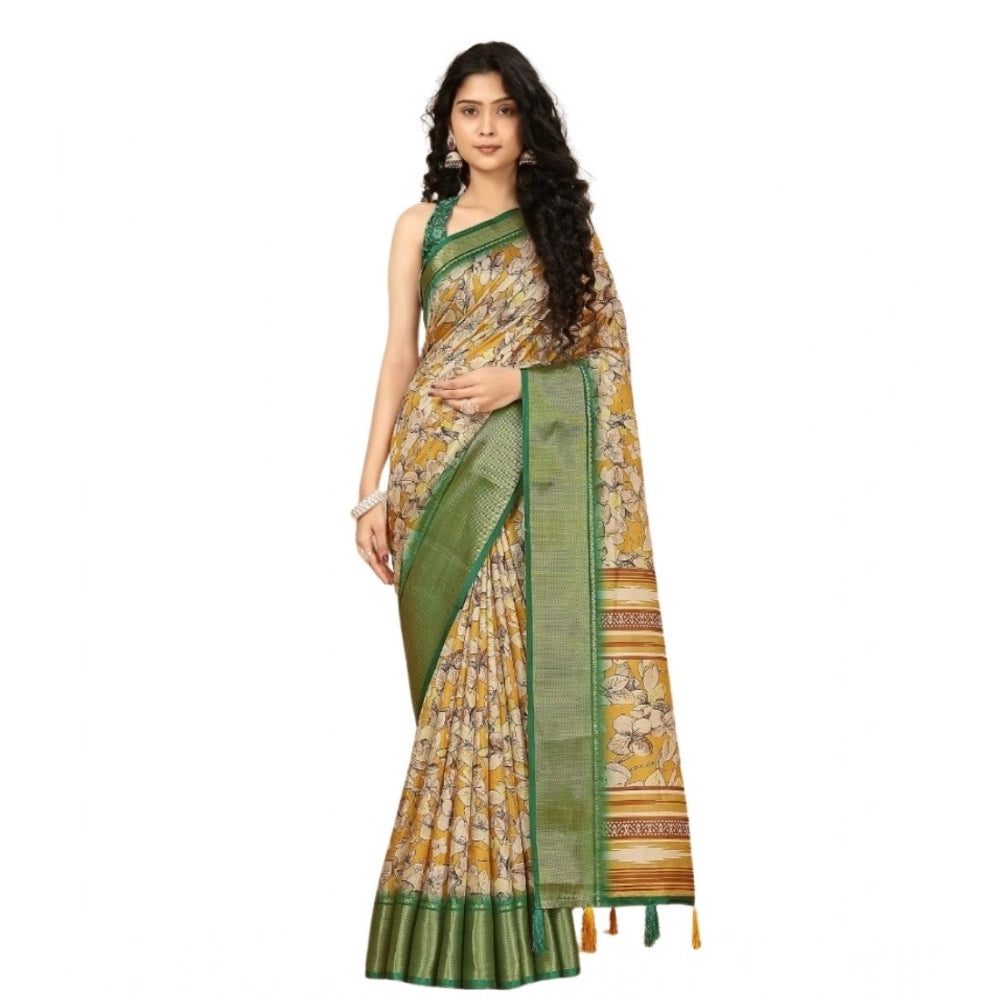Floral Printed Saree With Unstitched Blouse 5.5Mtr (Mustard)