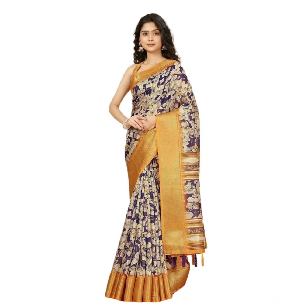 Floral Printed Saree With Unstitched Blouse 5.5Mtr (Purple)