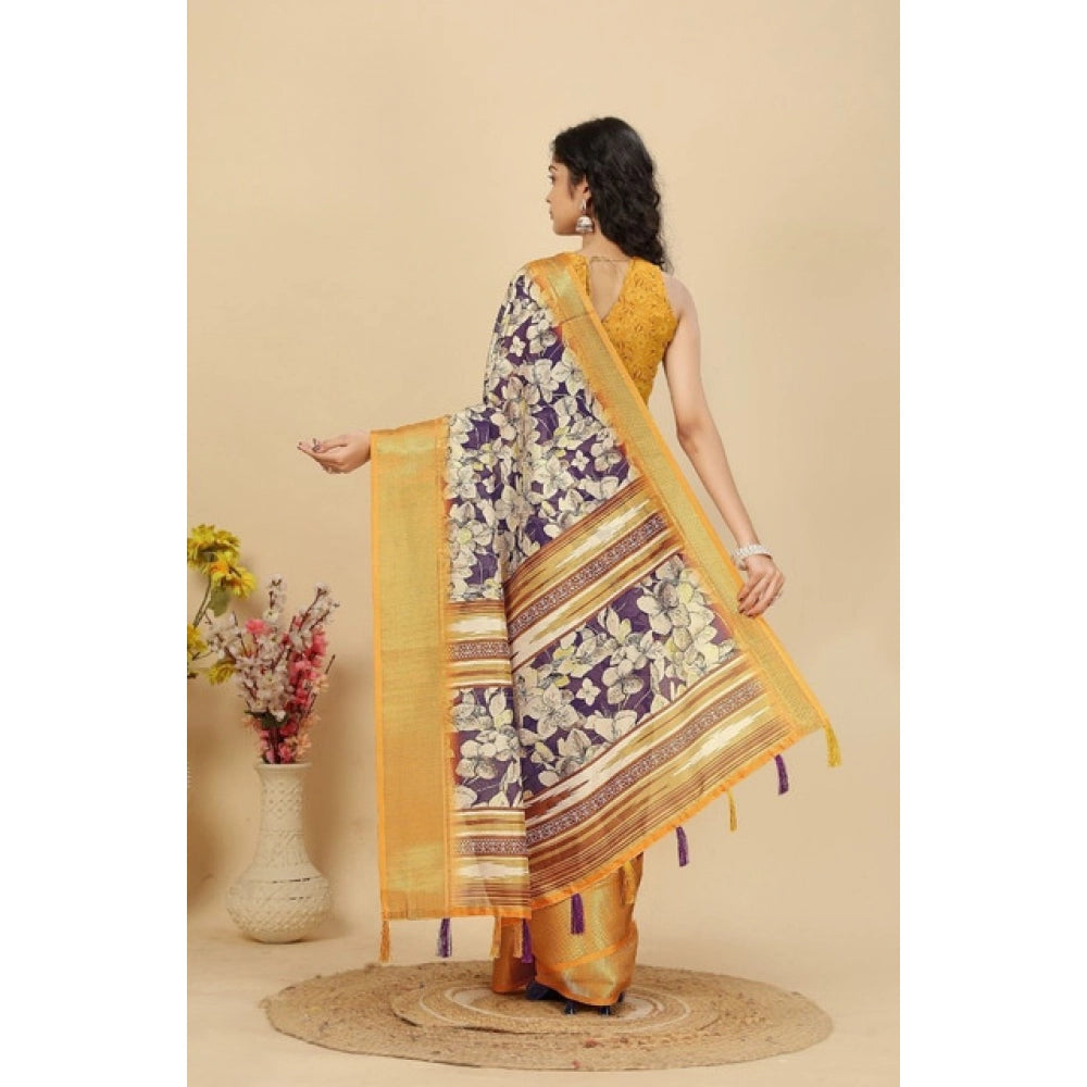 Floral Printed Saree With Unstitched Blouse 5.5Mtr (Purple)