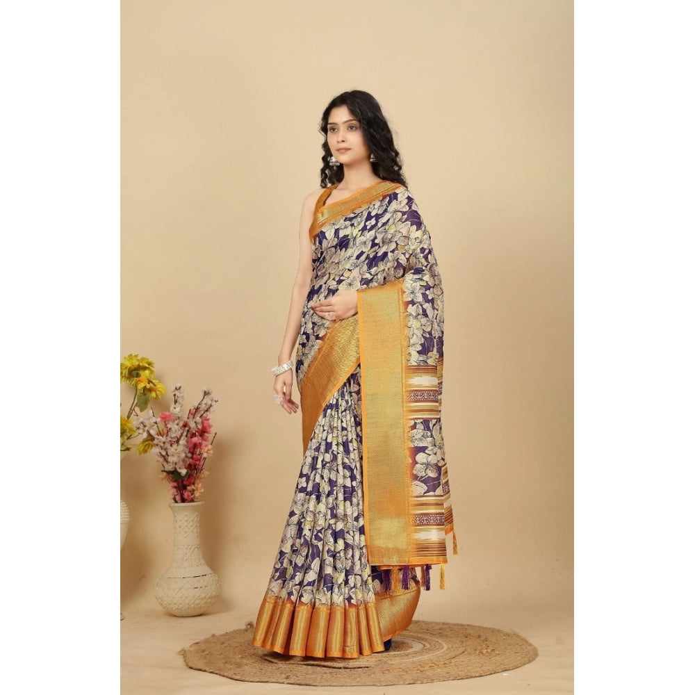 Floral Printed Saree With Unstitched Blouse 5.5Mtr (Purple)
