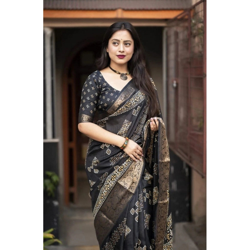 Printed Saree With Unstitched Blouse 5.5Mtr (Black)