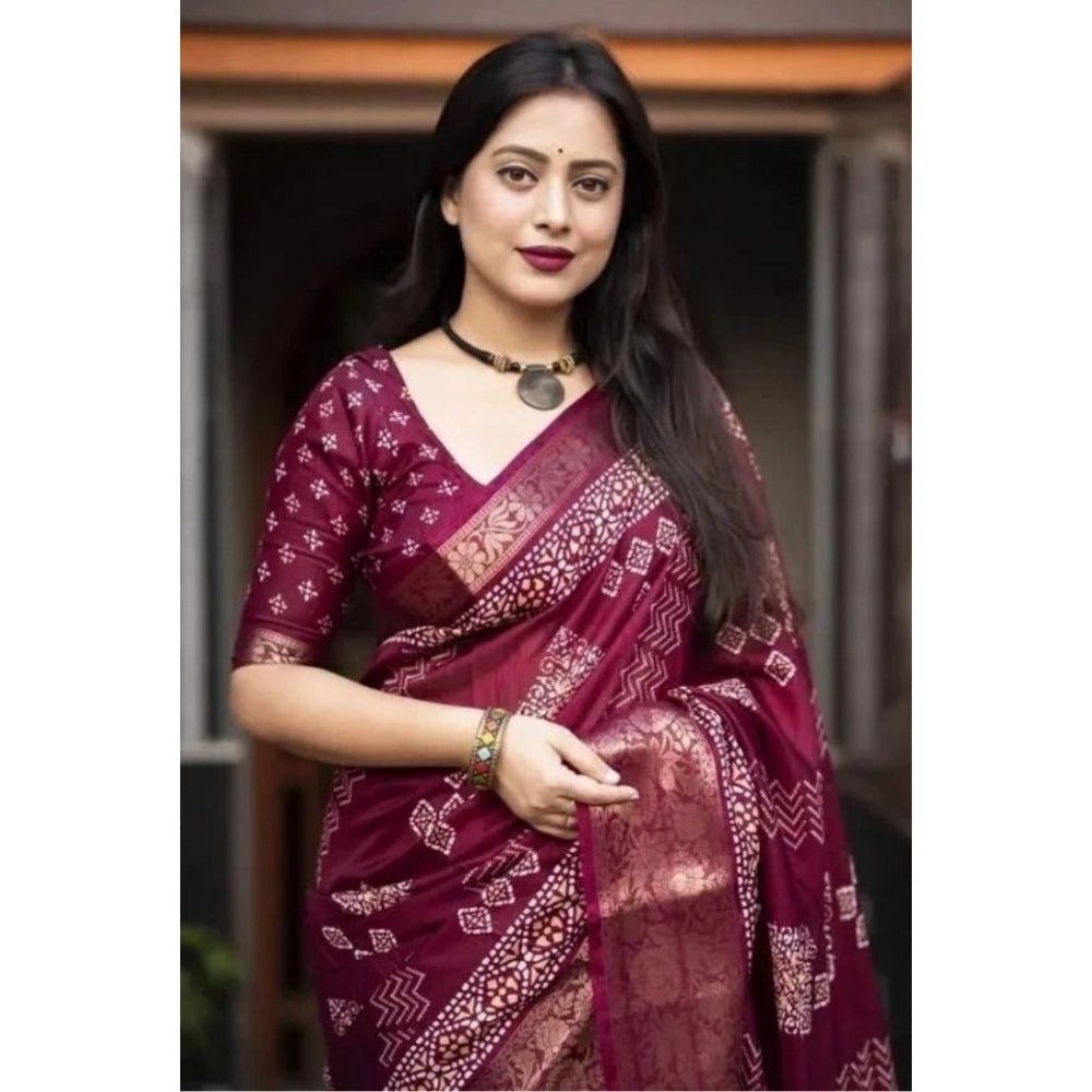 Printed Saree With Unstitched Blouse 5.5Mtr (Wine)