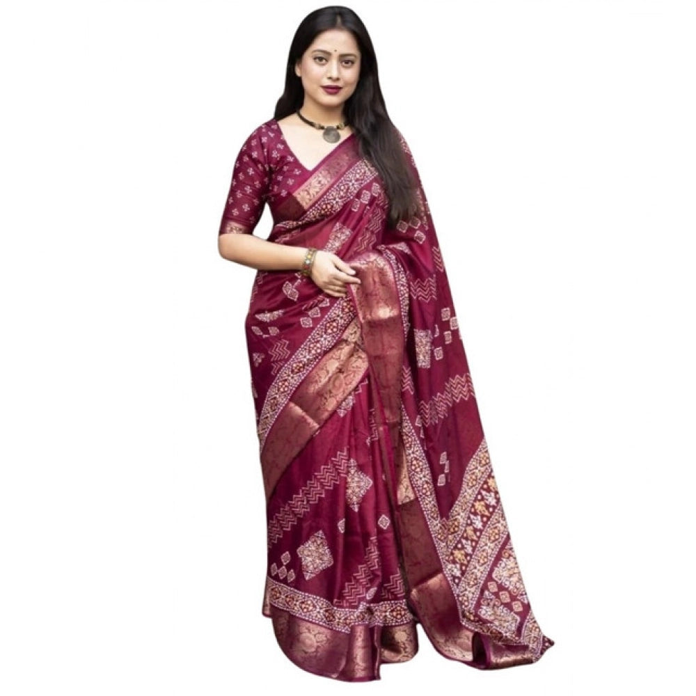 Printed Saree With Unstitched Blouse 5.5Mtr (Wine)