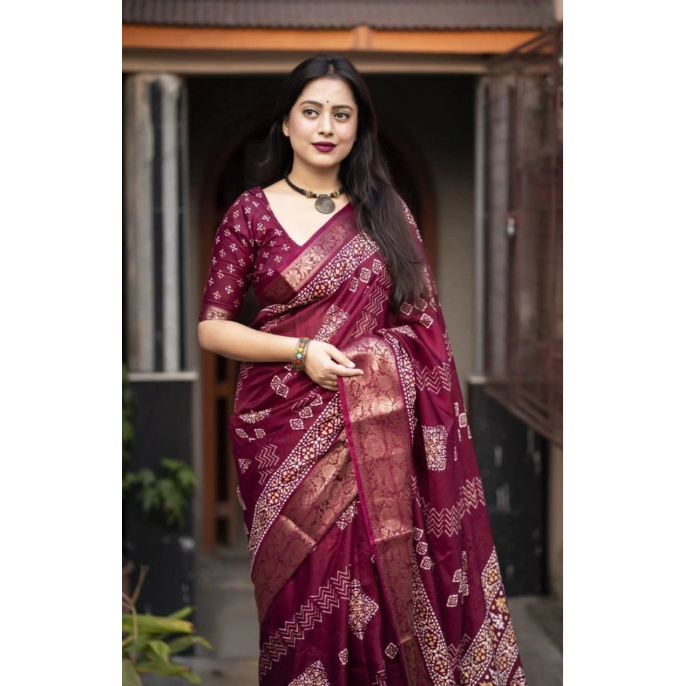Printed Saree With Unstitched Blouse 5.5Mtr (Wine)