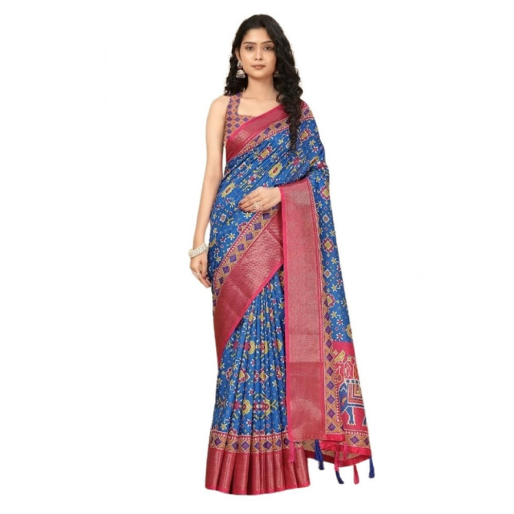 Printed Saree With Unstitched Blouse 5.5Mtr (Blue)