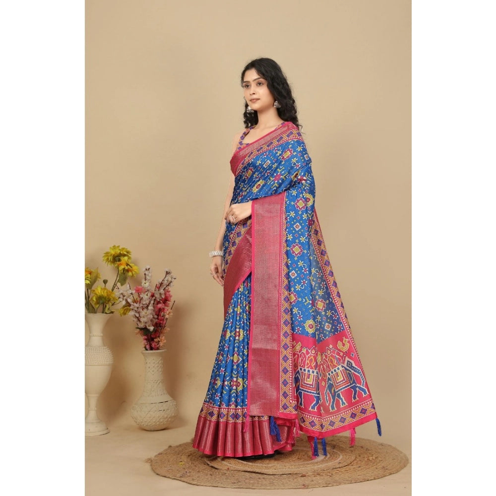 Printed Saree With Unstitched Blouse 5.5Mtr (Blue)