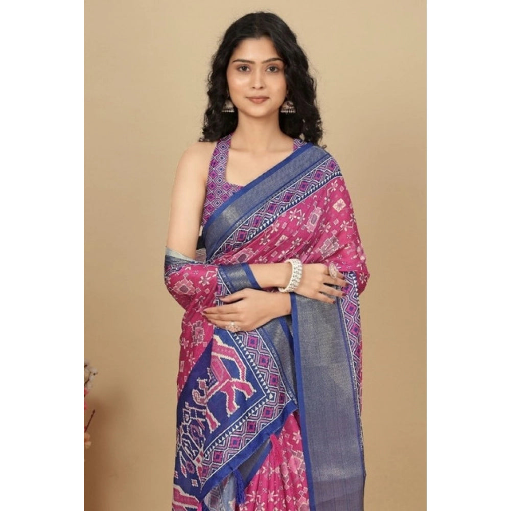 Printed Saree With Unstitched Blouse 5.5Mtr (Pink)