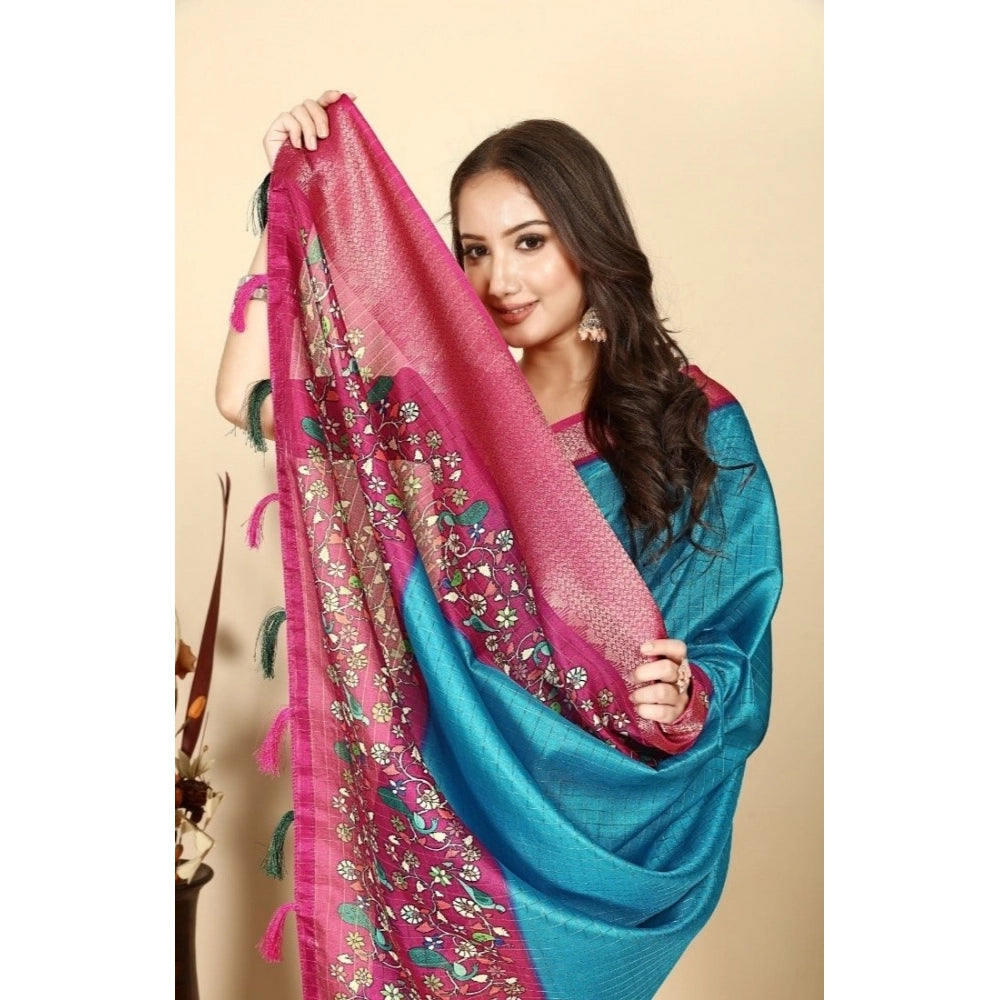 Printed Saree With Unstitched Blouse 5.5Mtr (Blue-Pink)