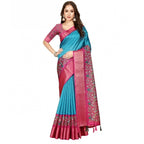 Printed Saree With Unstitched Blouse 5.5Mtr (Blue-Pink)