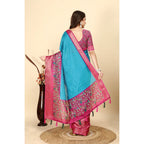 Printed Saree With Unstitched Blouse 5.5Mtr (Blue-Pink)