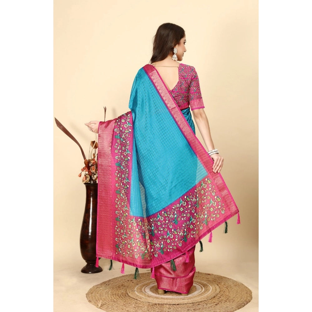 Printed Saree With Unstitched Blouse 5.5Mtr (Blue-Pink)
