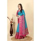 Printed Saree With Unstitched Blouse 5.5Mtr (Blue-Pink)